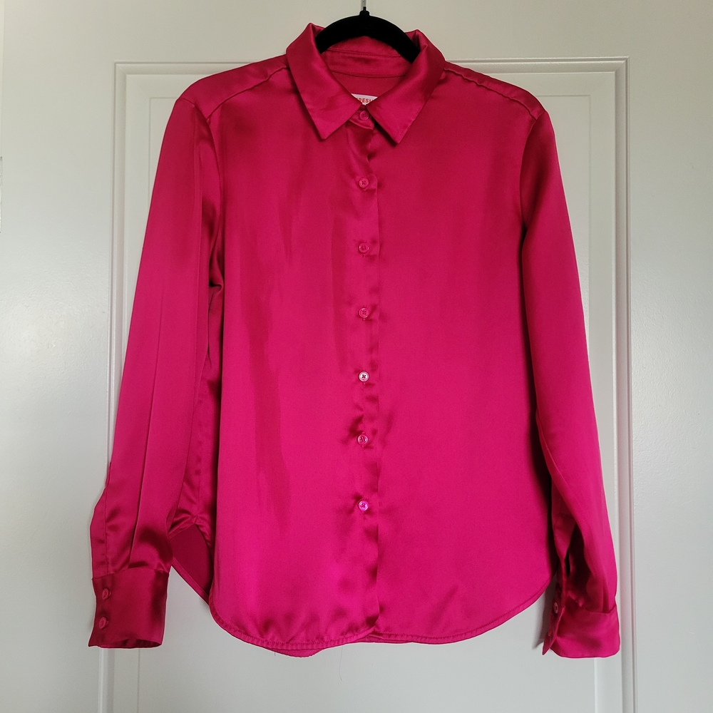 Long Sleeve Button Down Women's Hot Pink Satin Barbiecore Valentine's Blouse